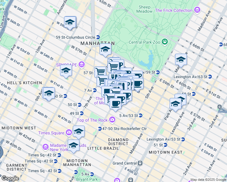 map of restaurants, bars, coffee shops, grocery stores, and more near 1345 Avenue of the Americas in New York