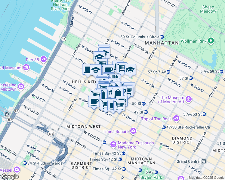 map of restaurants, bars, coffee shops, grocery stores, and more near 355 West 49th Street in New York