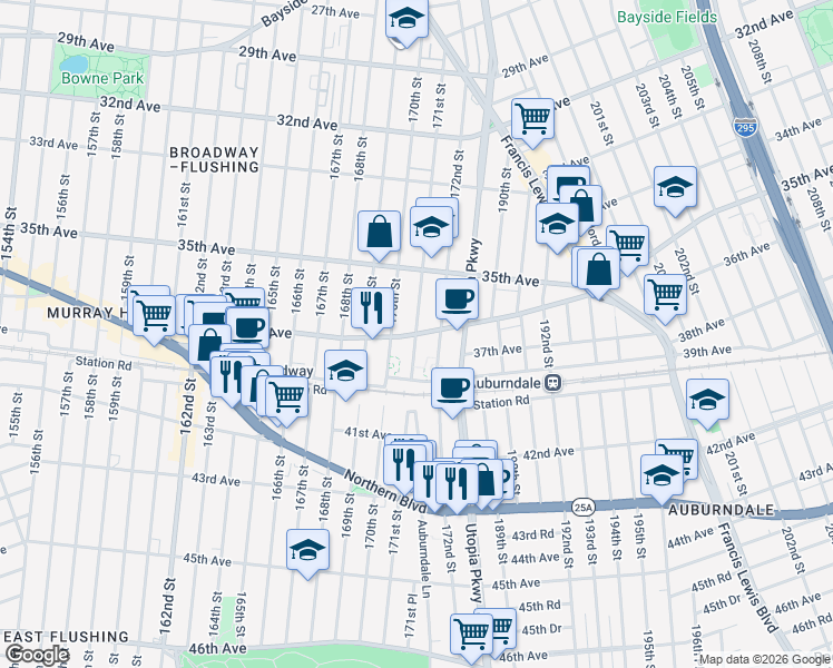 map of restaurants, bars, coffee shops, grocery stores, and more near 171st Street in Queens