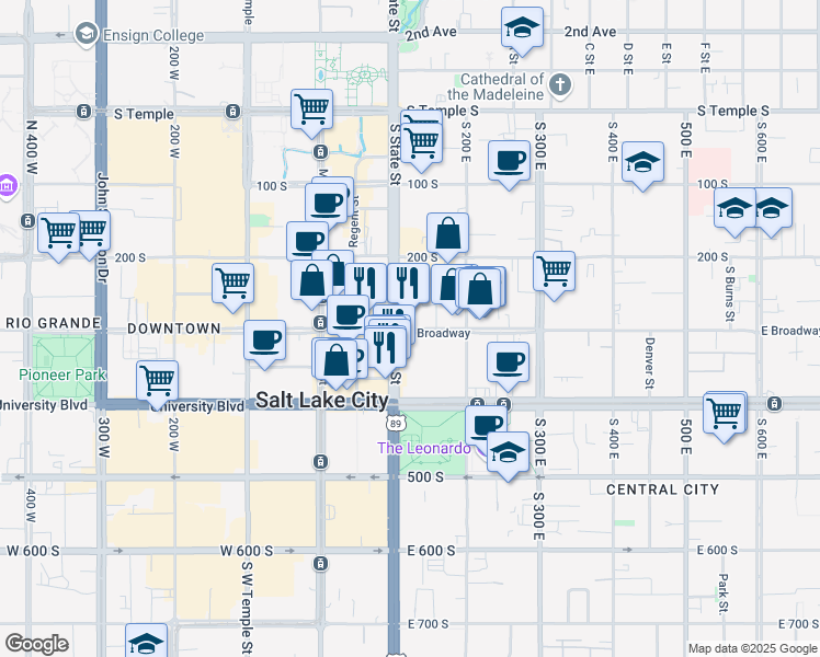 map of restaurants, bars, coffee shops, grocery stores, and more near 111 East 300 South in Salt Lake City