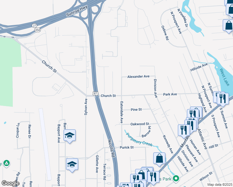 map of restaurants, bars, coffee shops, grocery stores, and more near 793 Church Street in Bayport