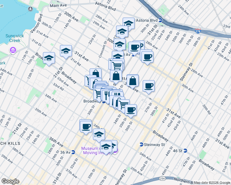 map of restaurants, bars, coffee shops, grocery stores, and more near 31-57 31st Street in Queens