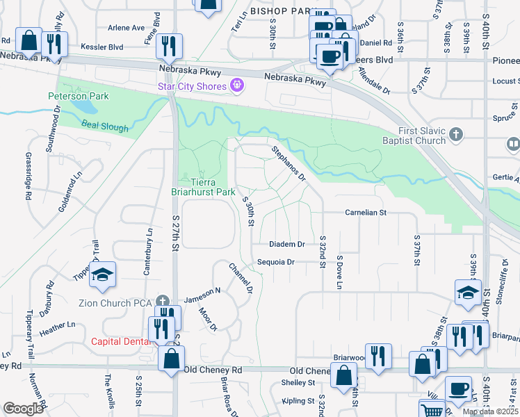 map of restaurants, bars, coffee shops, grocery stores, and more near 5121 South 30th Street in Lincoln