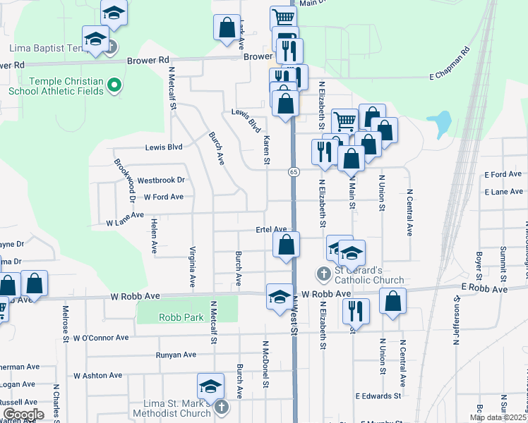 map of restaurants, bars, coffee shops, grocery stores, and more near 415 West Lane Avenue in Lima
