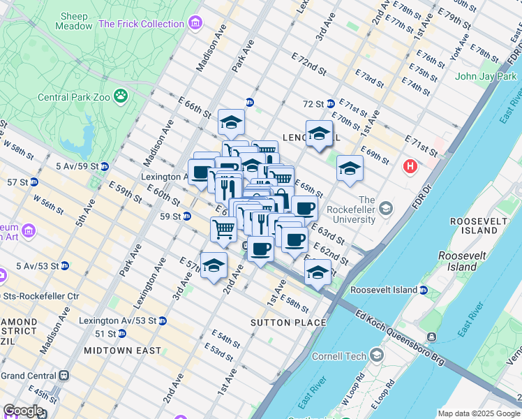 map of restaurants, bars, coffee shops, grocery stores, and more near 248 East 62nd Street in New York