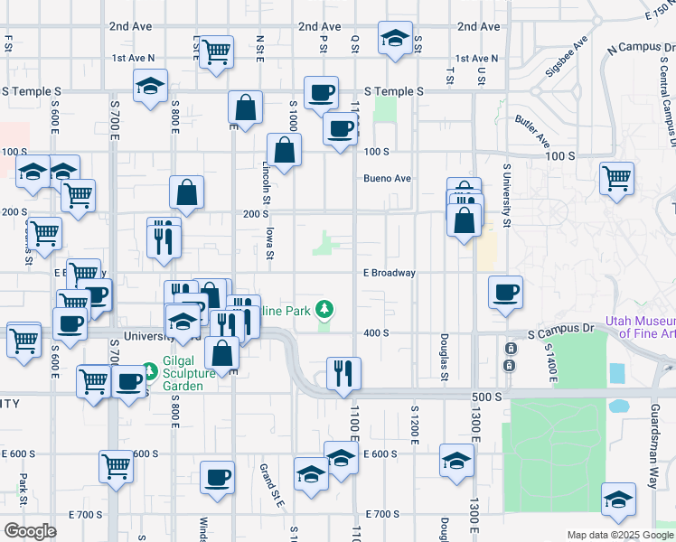 map of restaurants, bars, coffee shops, grocery stores, and more near 1042 East 300 South in Salt Lake City