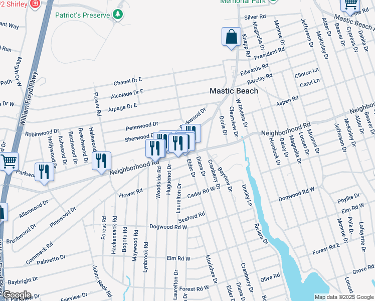 map of restaurants, bars, coffee shops, grocery stores, and more near 354 Neighborhood Road in Mastic Beach