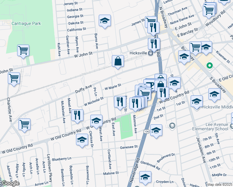 map of restaurants, bars, coffee shops, grocery stores, and more near 275 West Nicholai Street in Hicksville