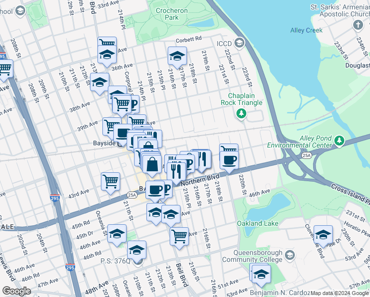 map of restaurants, bars, coffee shops, grocery stores, and more near 42-11 215th Place in Queens