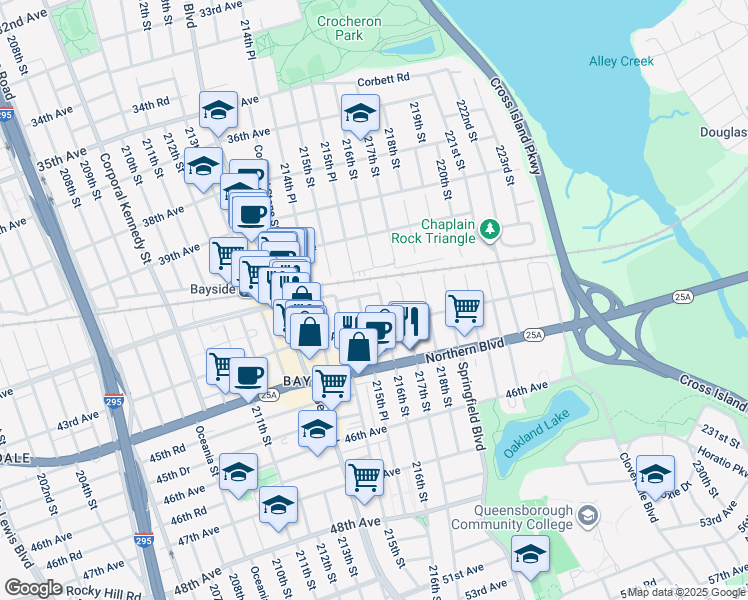 map of restaurants, bars, coffee shops, grocery stores, and more near 42-11 215th Place in Queens