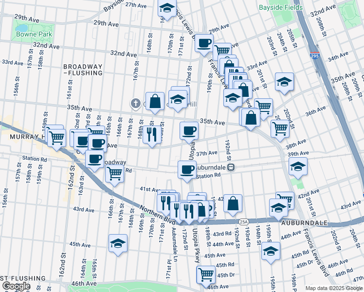 map of restaurants, bars, coffee shops, grocery stores, and more near 36-17 172nd Street in Queens
