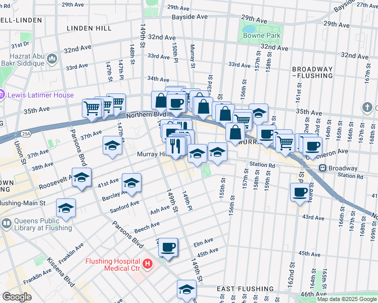 map of restaurants, bars, coffee shops, grocery stores, and more near 41-13 150th Street in Queens