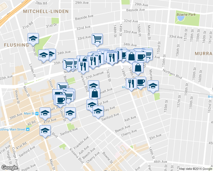 map of restaurants, bars, coffee shops, grocery stores, and more near 144-77 Roosevelt Avenue in Queens