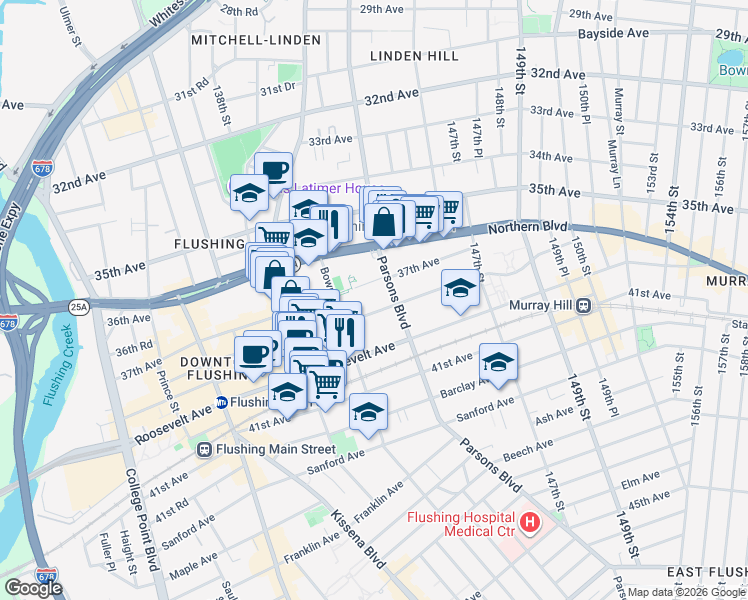 map of restaurants, bars, coffee shops, grocery stores, and more near 143-25 38th Avenue in Queens
