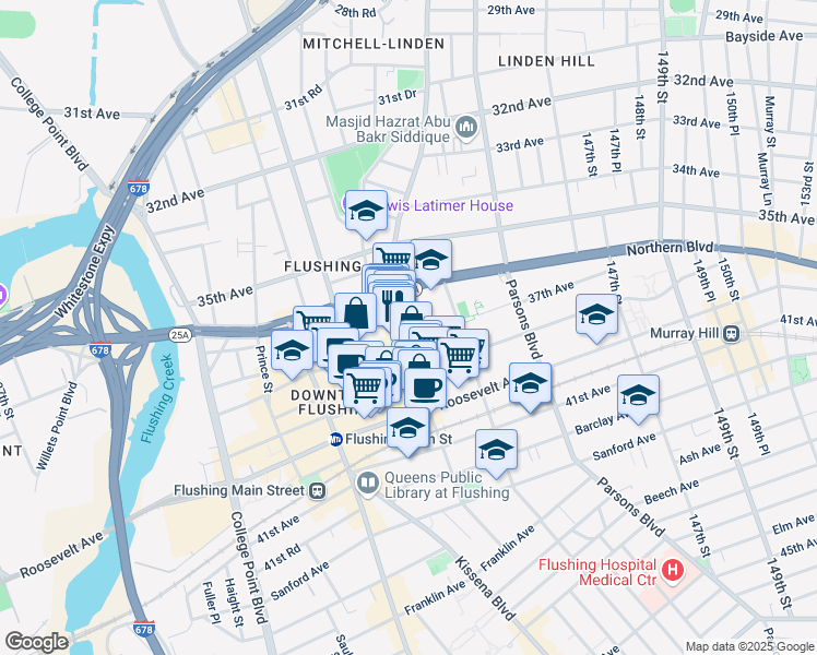 map of restaurants, bars, coffee shops, grocery stores, and more near 37-05 Union Street in Queens