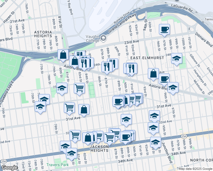 map of restaurants, bars, coffee shops, grocery stores, and more near 25-35 86th Street in Queens