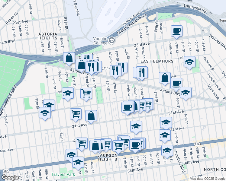 map of restaurants, bars, coffee shops, grocery stores, and more near 25-35 86th Street in Queens