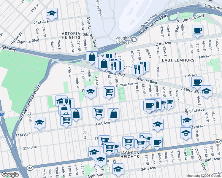 map of restaurants, bars, coffee shops, grocery stores, and more near 25-21 83rd Street in Queens