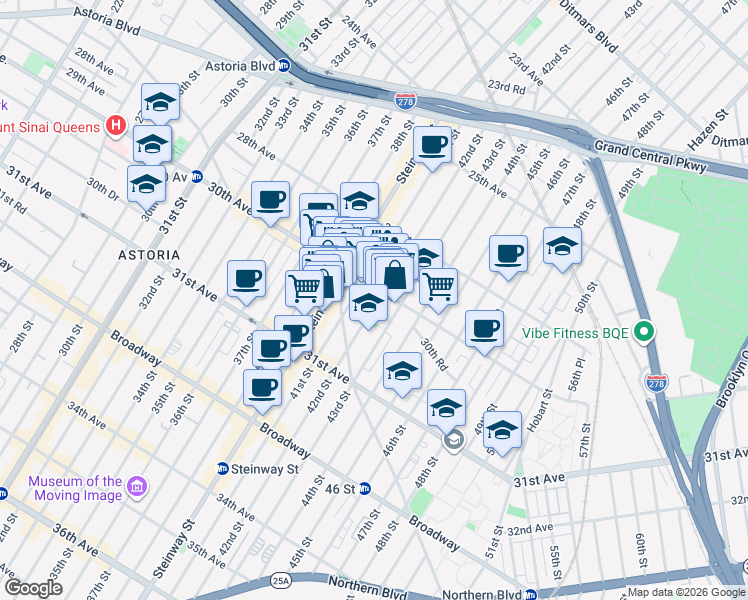 map of restaurants, bars, coffee shops, grocery stores, and more near 30-28 42nd Street in Queens