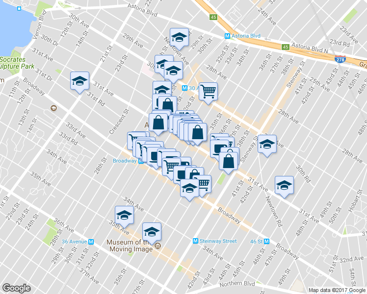 map of restaurants, bars, coffee shops, grocery stores, and more near 31-23 34th Street in Queens