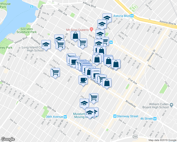 map of restaurants, bars, coffee shops, grocery stores, and more near 29-11 Broadway in Queens