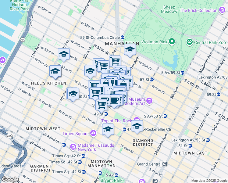 map of restaurants, bars, coffee shops, grocery stores, and more near in New York