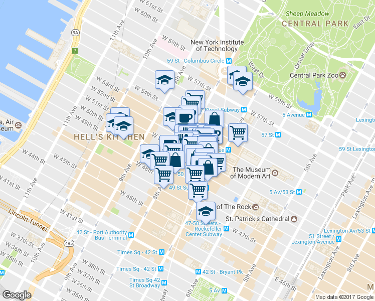 map of restaurants, bars, coffee shops, grocery stores, and more near 217 West 51st Street in New York