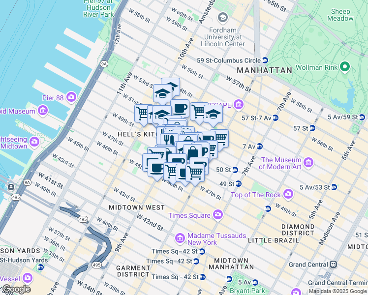 map of restaurants, bars, coffee shops, grocery stores, and more near 355 West 49th Street in New York