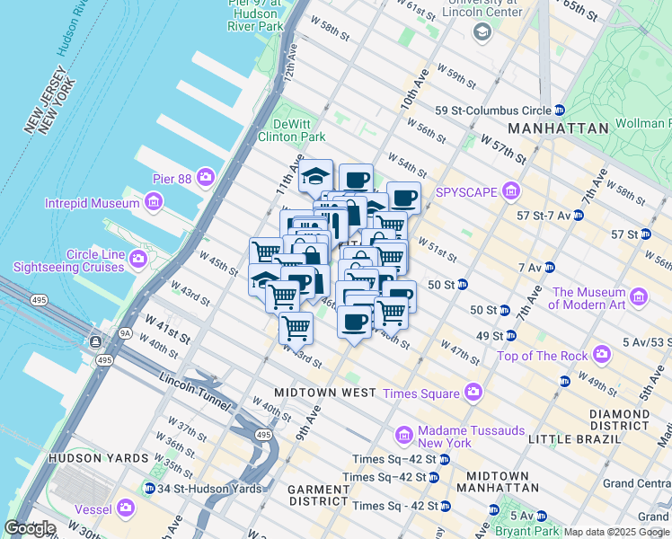 map of restaurants, bars, coffee shops, grocery stores, and more near 447 West 47th Street in New York