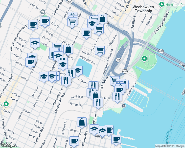 map of restaurants, bars, coffee shops, grocery stores, and more near 411 Gregory Avenue in Weehawken