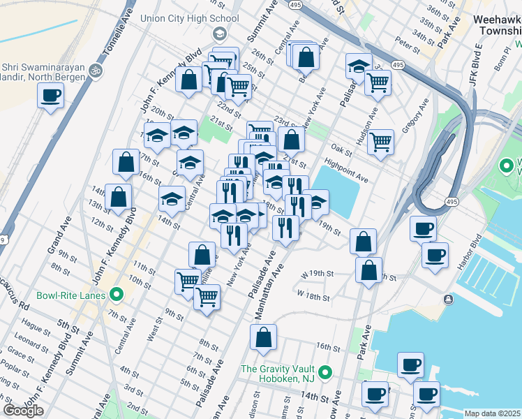 map of restaurants, bars, coffee shops, grocery stores, and more near 1700 New York Avenue in Union City
