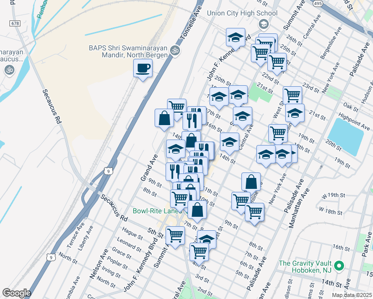 map of restaurants, bars, coffee shops, grocery stores, and more near in North Bergen