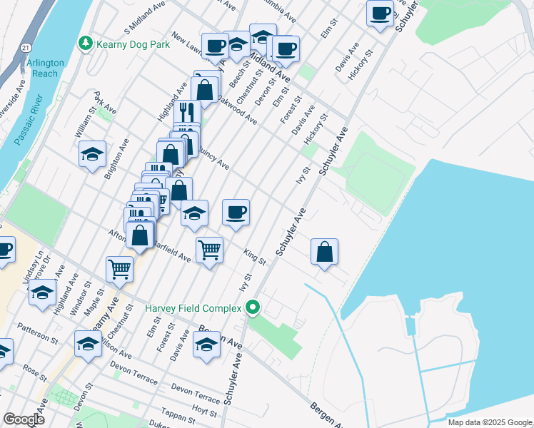 map of restaurants, bars, coffee shops, grocery stores, and more near 259 Hickory Street in Kearny