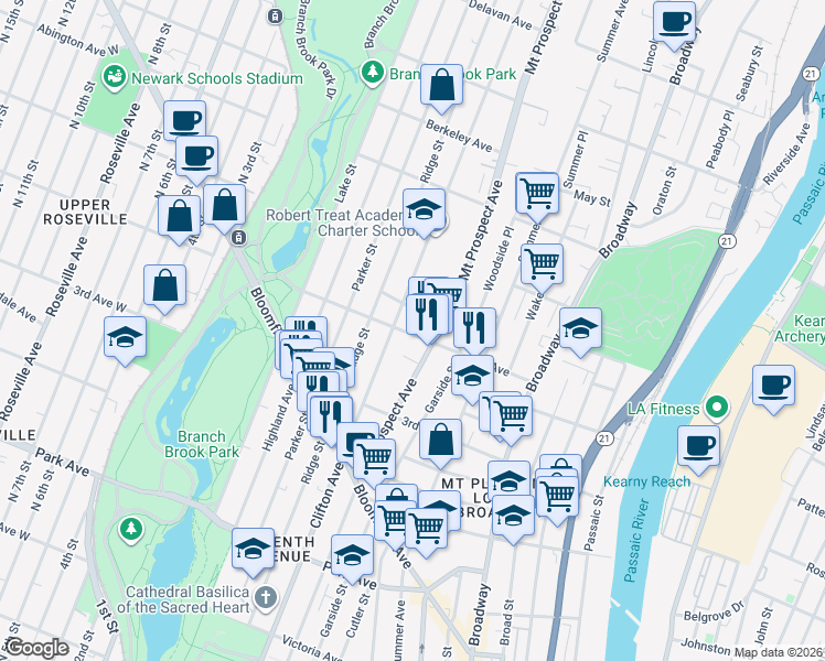map of restaurants, bars, coffee shops, grocery stores, and more near 363 Clifton Avenue in Newark