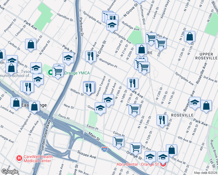 map of restaurants, bars, coffee shops, grocery stores, and more near 42 Stockton Place in East Orange