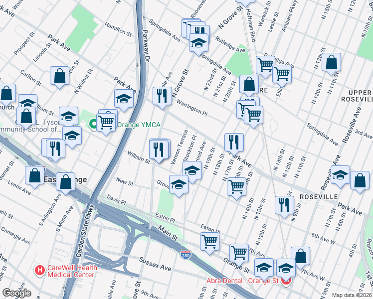 map of restaurants, bars, coffee shops, grocery stores, and more near 42 Stockton Place in East Orange
