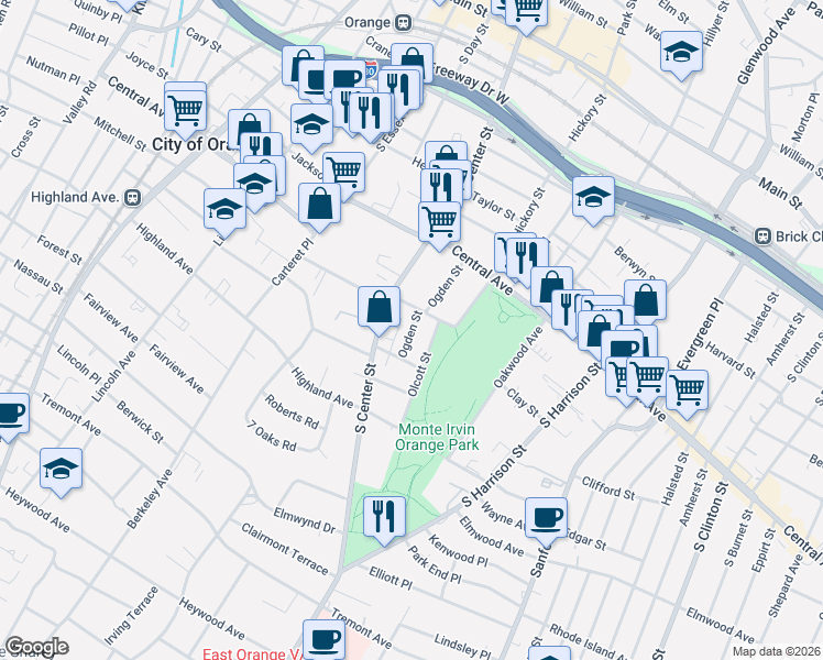 map of restaurants, bars, coffee shops, grocery stores, and more near 343 Ogden Street in City of Orange