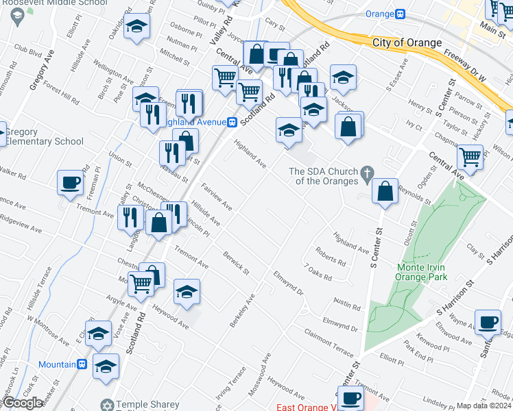 map of restaurants, bars, coffee shops, grocery stores, and more near 411 Fairview Avenue in City of Orange