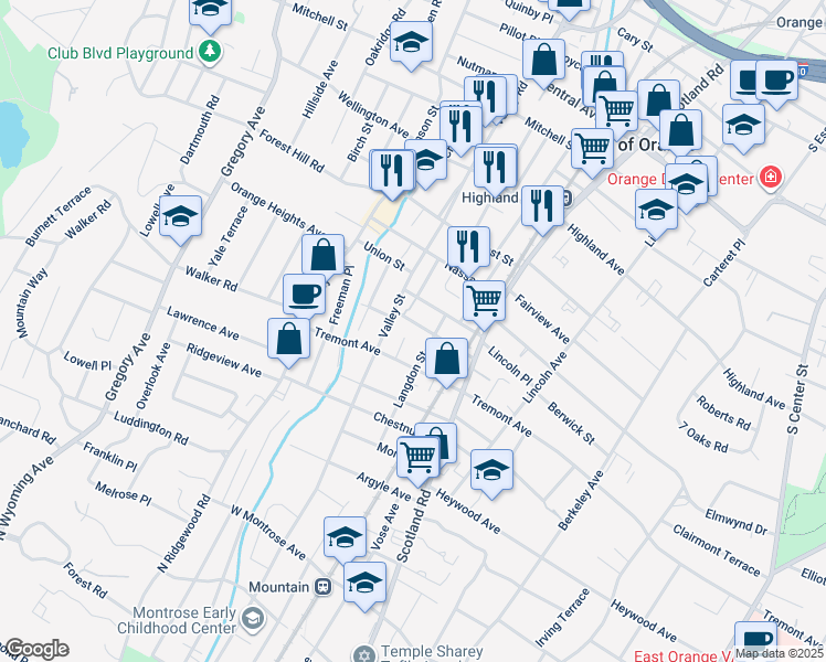 map of restaurants, bars, coffee shops, grocery stores, and more near 589 Tremont Avenue in City of Orange