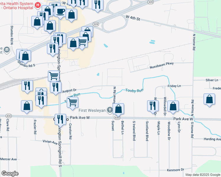 map of restaurants, bars, coffee shops, grocery stores, and more near 101-199 Sunset Road North in Ontario