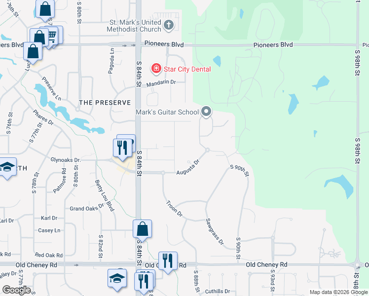 map of restaurants, bars, coffee shops, grocery stores, and more near 8740 Augusta Circle in Lincoln