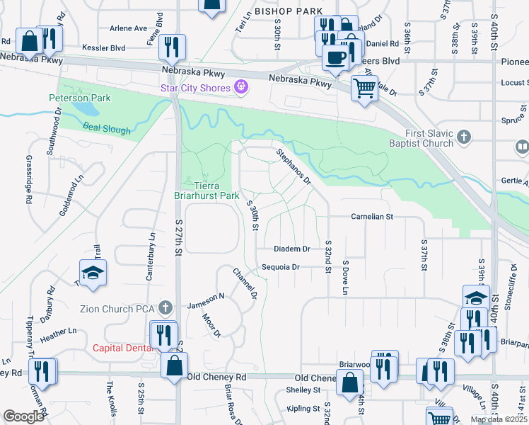 map of restaurants, bars, coffee shops, grocery stores, and more near 5121 South 30th Street in Lincoln