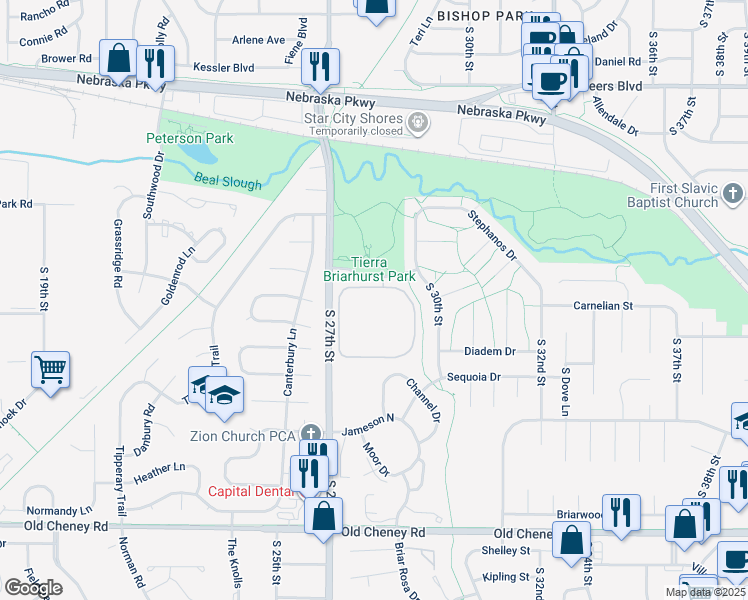 map of restaurants, bars, coffee shops, grocery stores, and more near 5120 Emerald Drive in Lincoln
