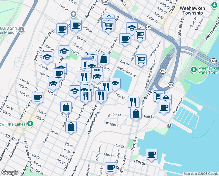 map of restaurants, bars, coffee shops, grocery stores, and more near 216 19th Street in Union City