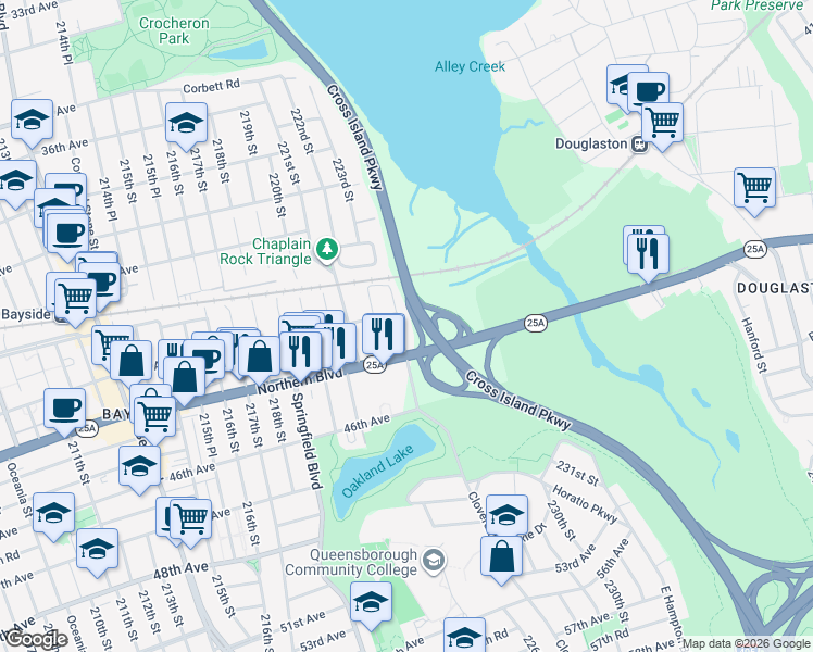 map of restaurants, bars, coffee shops, grocery stores, and more near 43-09 223rd Street in Queens
