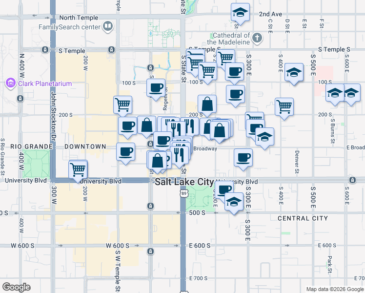 map of restaurants, bars, coffee shops, grocery stores, and more near 349 S State St in Salt Lake City