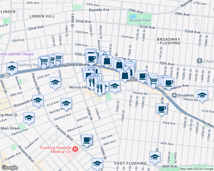 map of restaurants, bars, coffee shops, grocery stores, and more near 153-11 Barclay Avenue in Queens