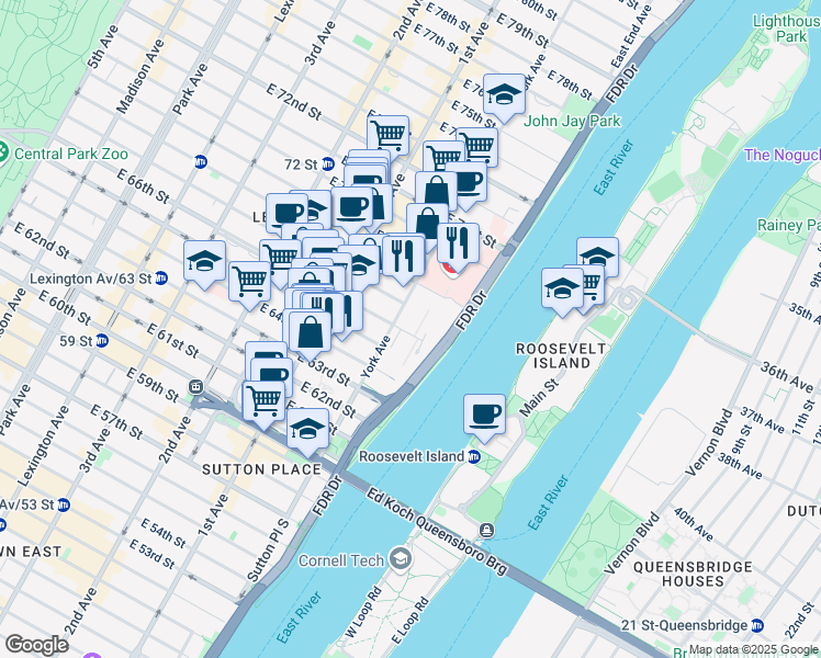 map of restaurants, bars, coffee shops, grocery stores, and more near 1230 York Avenue in New York
