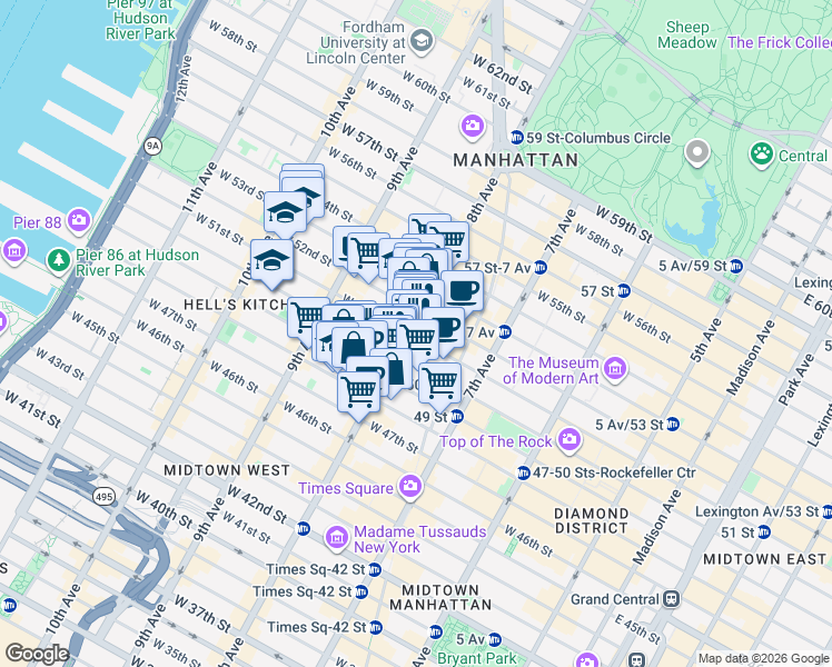 map of restaurants, bars, coffee shops, grocery stores, and more near in New York