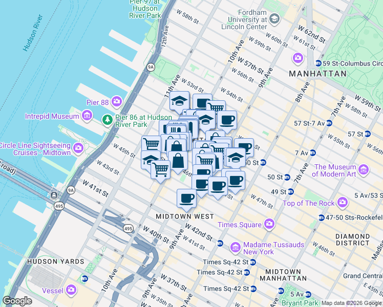 map of restaurants, bars, coffee shops, grocery stores, and more near 447 West 47th Street in New York